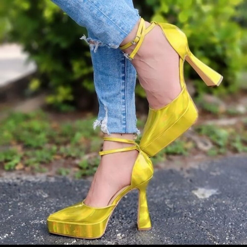 Shiny Yellow Platform Ankle-Strap Heels